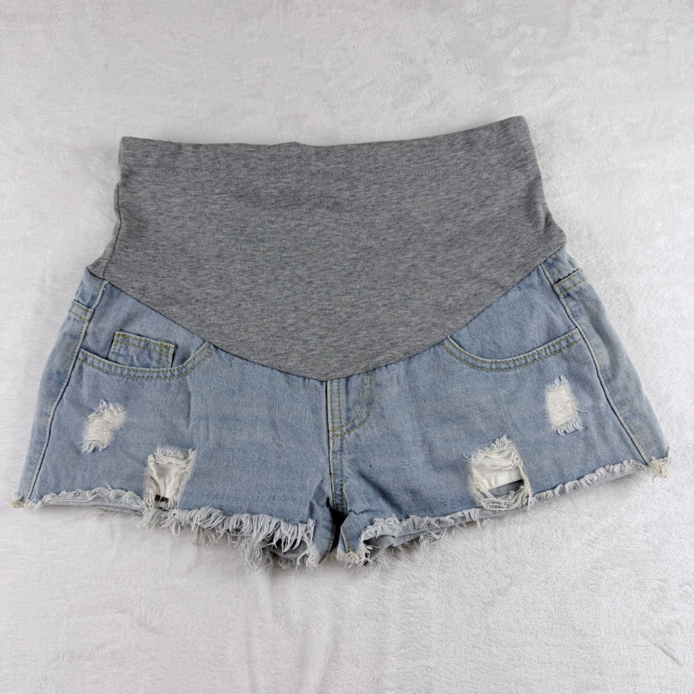 Maternity Denim Shorts Distressed Over-the-Belly Light Wash‎ Size M